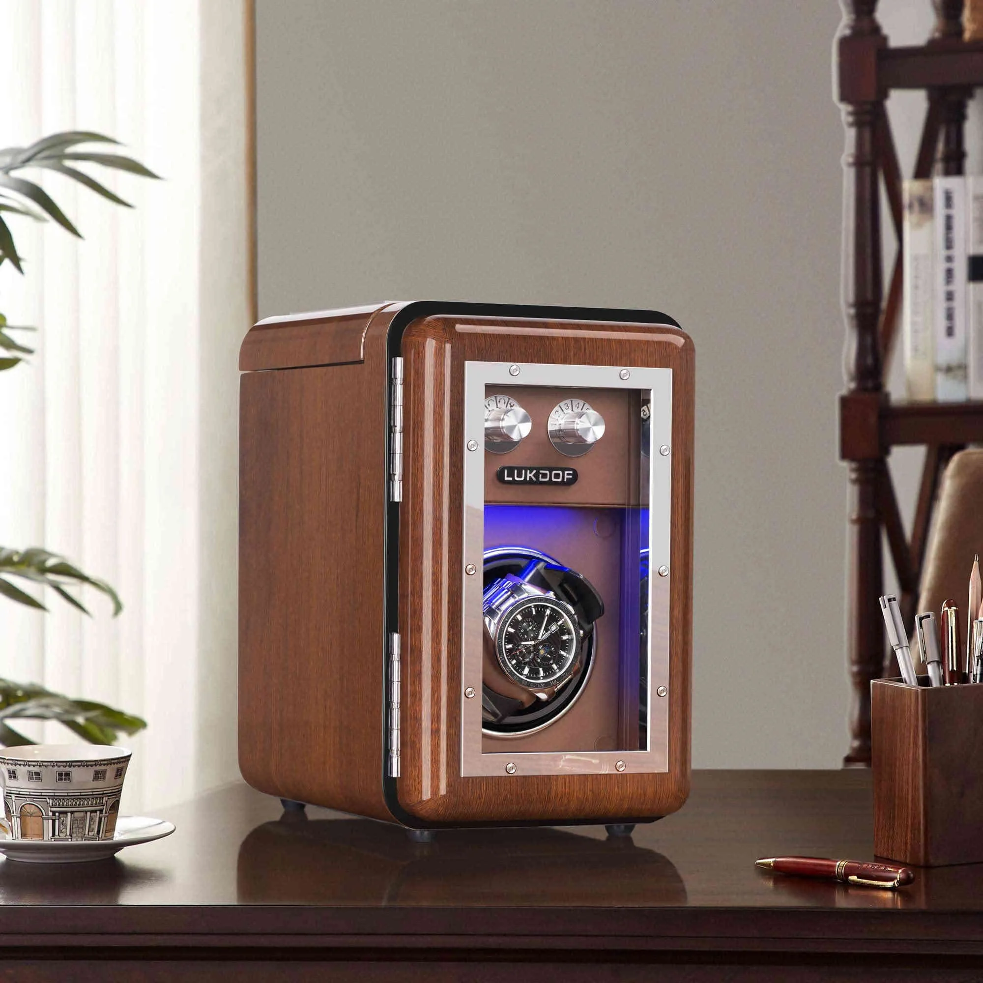 1 2 Walnut Wood Automatic Watch Winder, LUKDOF