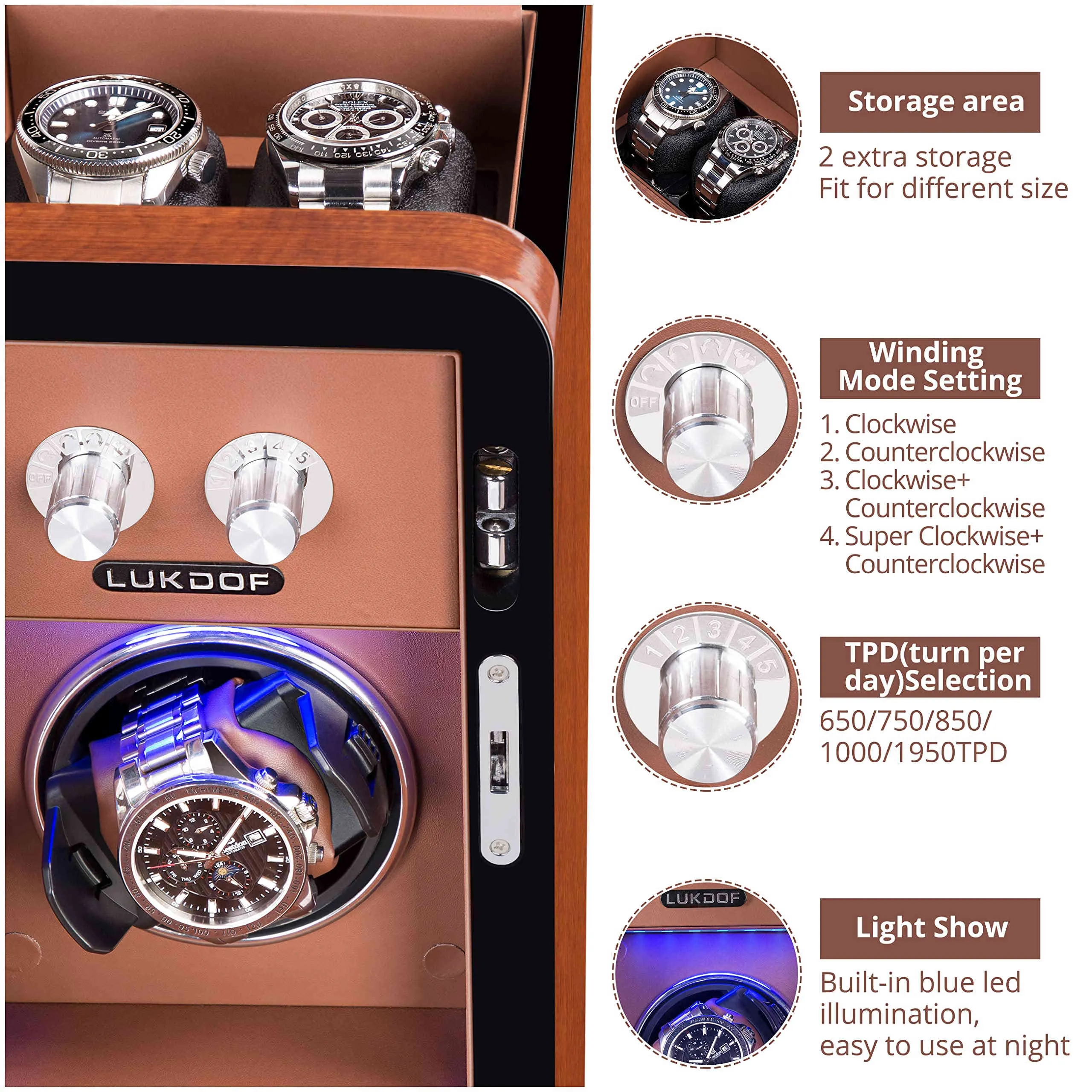 1 2 Walnut Wood Automatic Watch Winder, LUKDOF
