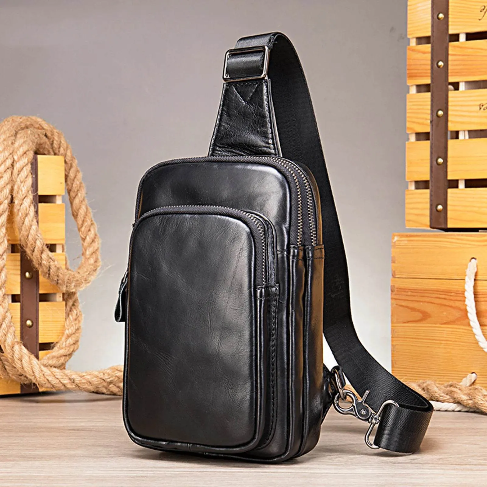 100% Genuine Leather Sling Bag Messenger Bag for Men Black