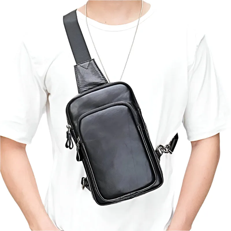 100% Genuine Leather Sling Bag Messenger Bag for Men Black