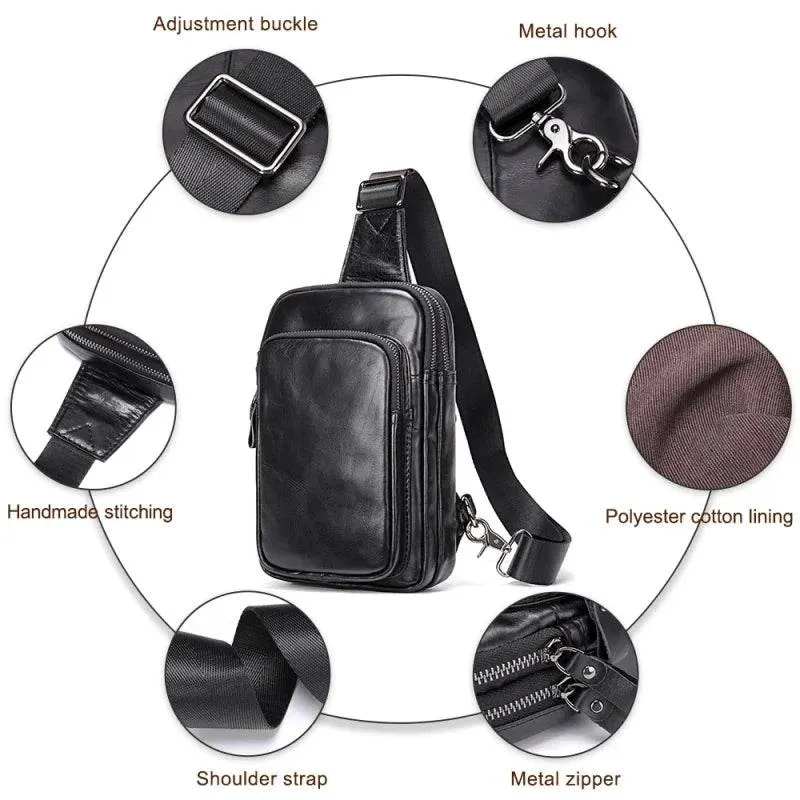 100% Genuine Leather Sling Bag Messenger Bag for Men Black