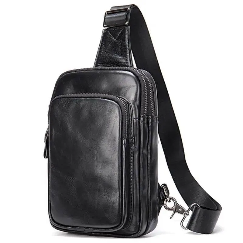 100% Genuine Leather Sling Bag Messenger Bag for Men Black