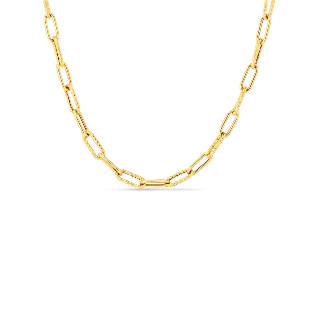 18K DESIGNER GOLD ALTERNATING POLISHED AND FLUTED PAPERCLIP LINK 17 INCH CHAIN - 18K Yellow Gold