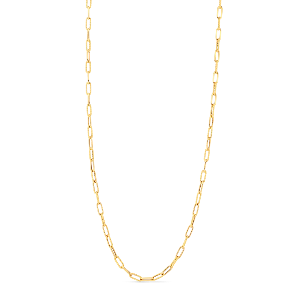18K DESIGNER GOLD ALTERNATING POLISHED AND FLUTED PAPERCLIP LINK 17 INCH CHAIN - 18K Yellow Gold