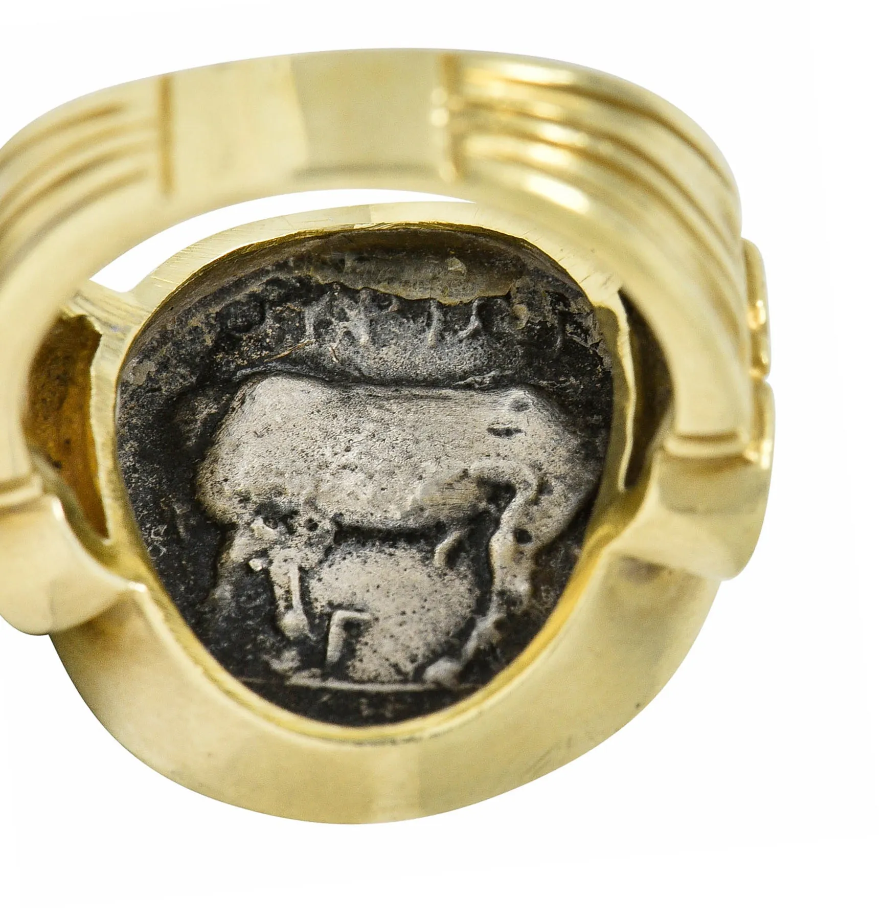 1970's Vintage Ancient Coin 18 Karat Gold Athena & Bull Ring