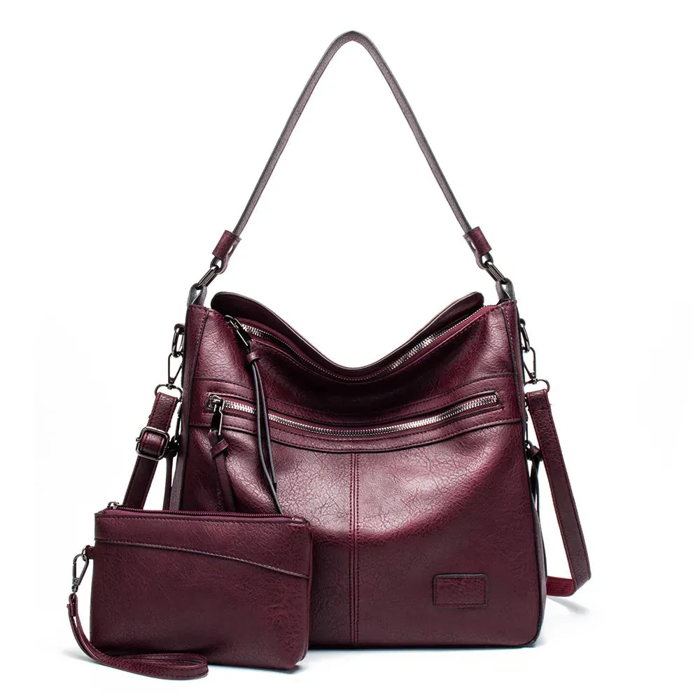 2 Pc set Handbag Composite Bags Solid Leather Shoulder Bag Large Tote Messenger