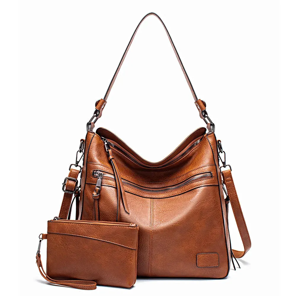 2 Pc set Handbag Composite Bags Solid Leather Shoulder Bag Large Tote Messenger
