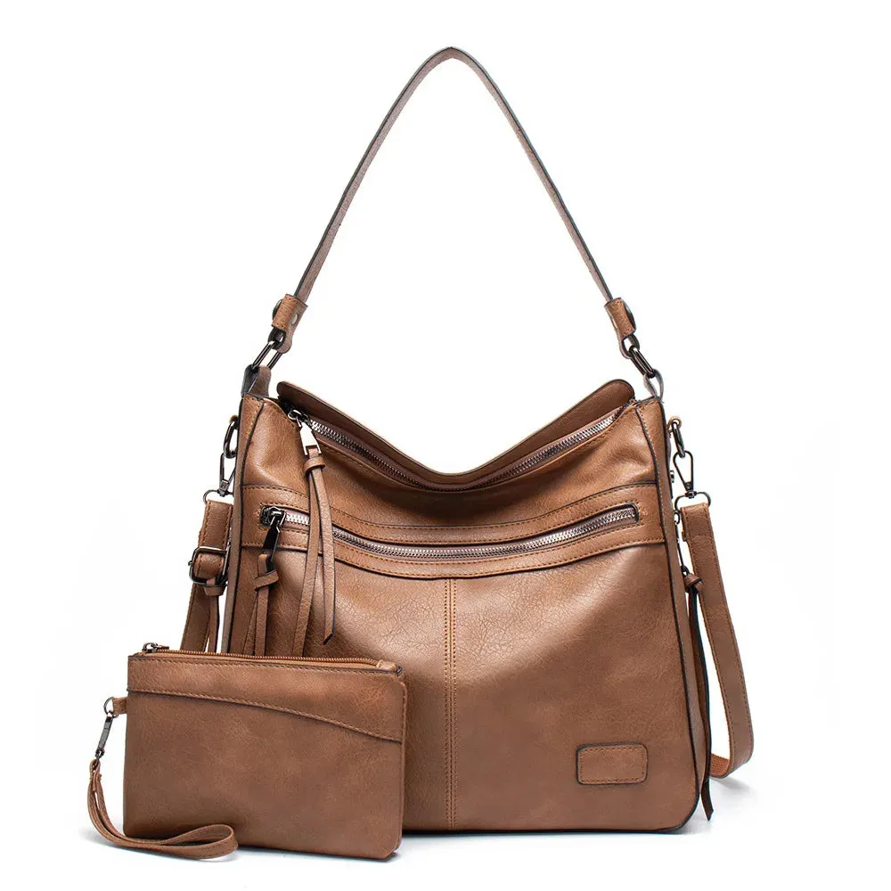 2 Pc set Handbag Composite Bags Solid Leather Shoulder Bag Large Tote Messenger