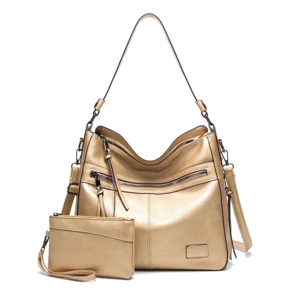 2 Pc set Handbag Composite Bags Solid Leather Shoulder Bag Large Tote Messenger