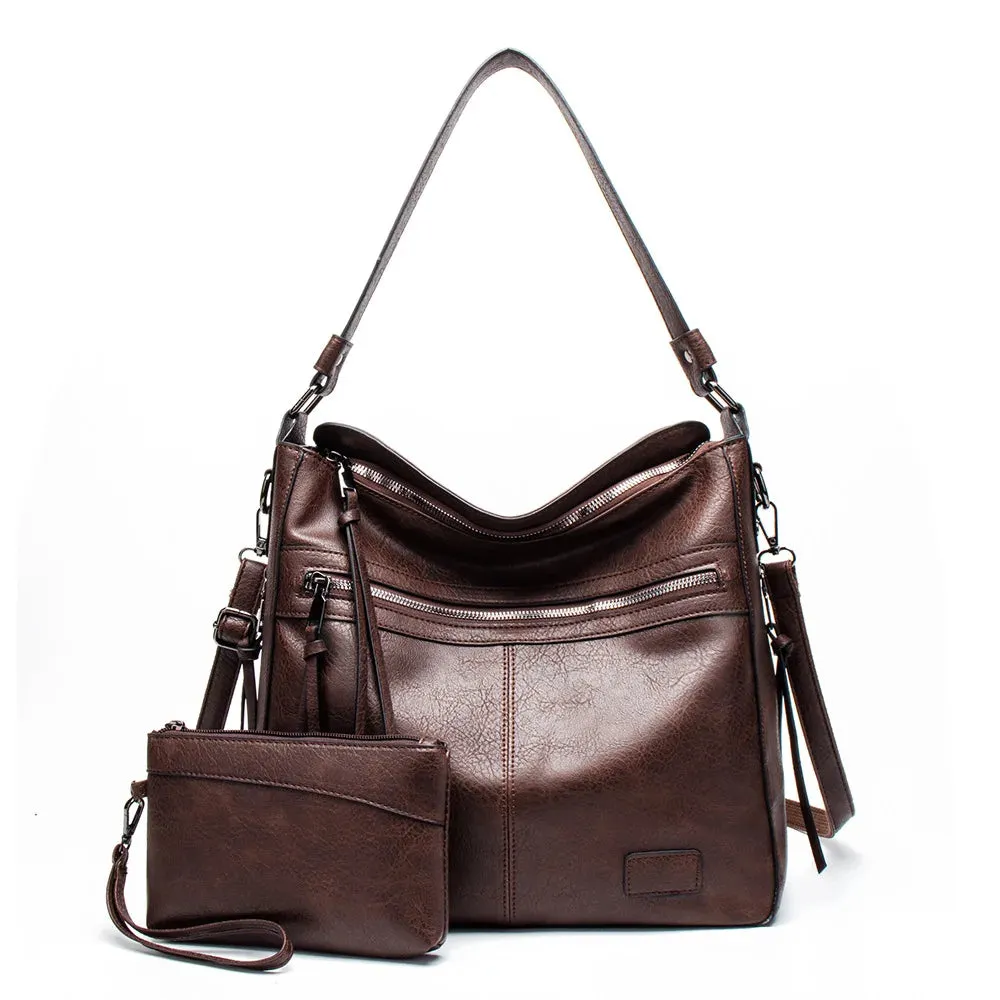 2 Pc set Handbag Composite Bags Solid Leather Shoulder Bag Large Tote Messenger