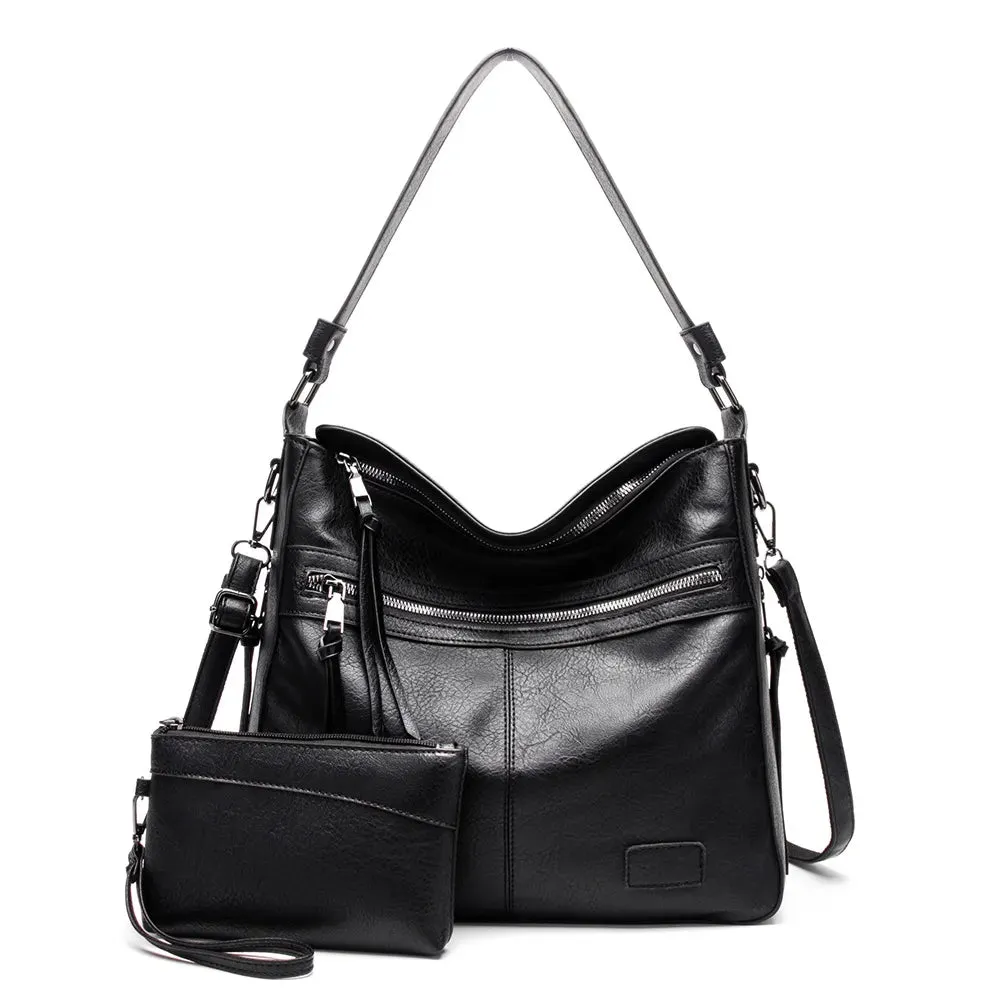 2 Pc set Handbag Composite Bags Solid Leather Shoulder Bag Large Tote Messenger