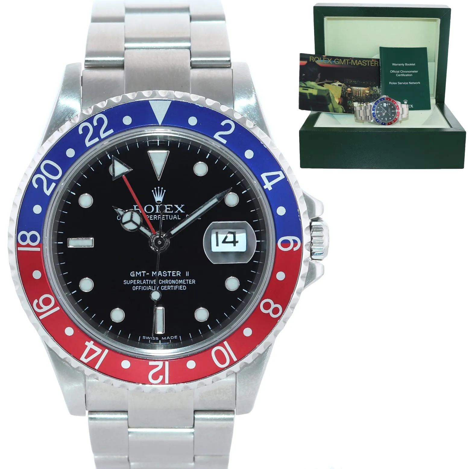 2005 Rolex GMT-Master II Pepsi Steel Blue 16710 40mm Error Stick Watch Box