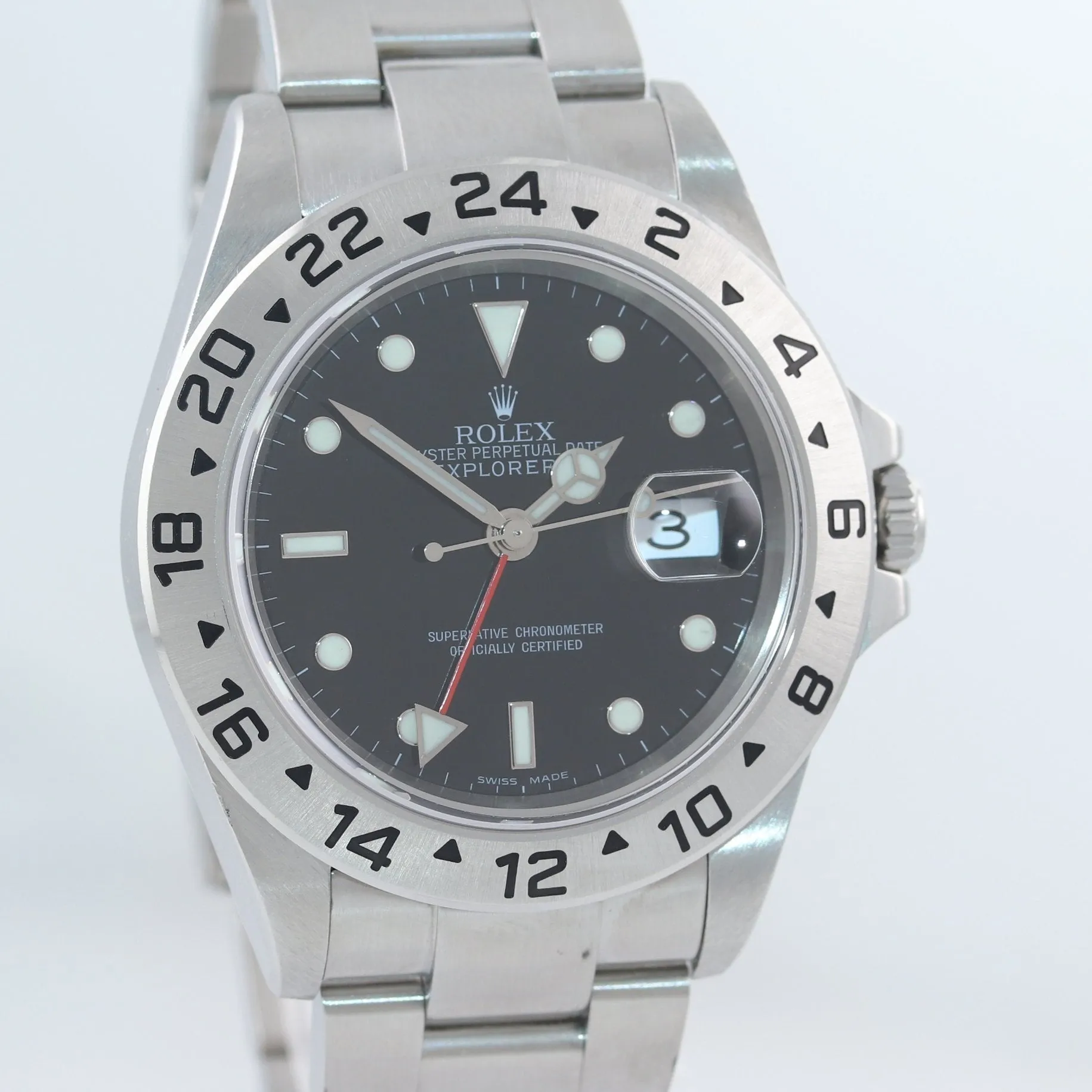 2007 NO HOLES Rolex Explorer II 16570 Stainless Steel Black Date GMT 40mm Watch
