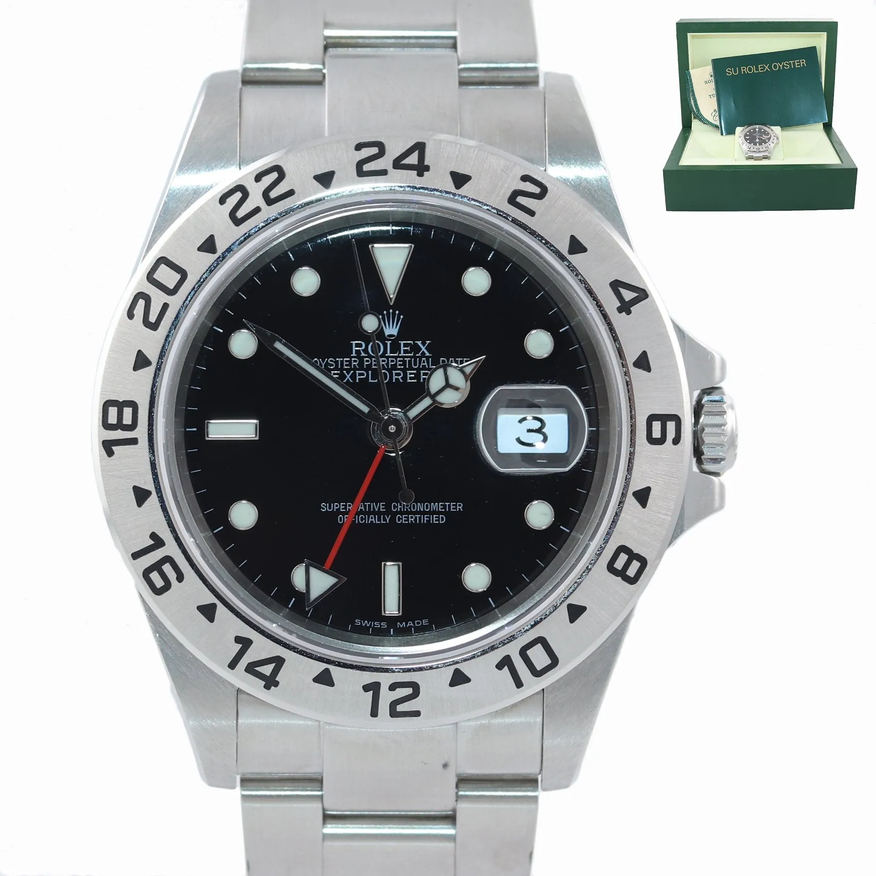 2007 NO HOLES Rolex Explorer II 16570 Stainless Steel Black Date GMT 40mm Watch