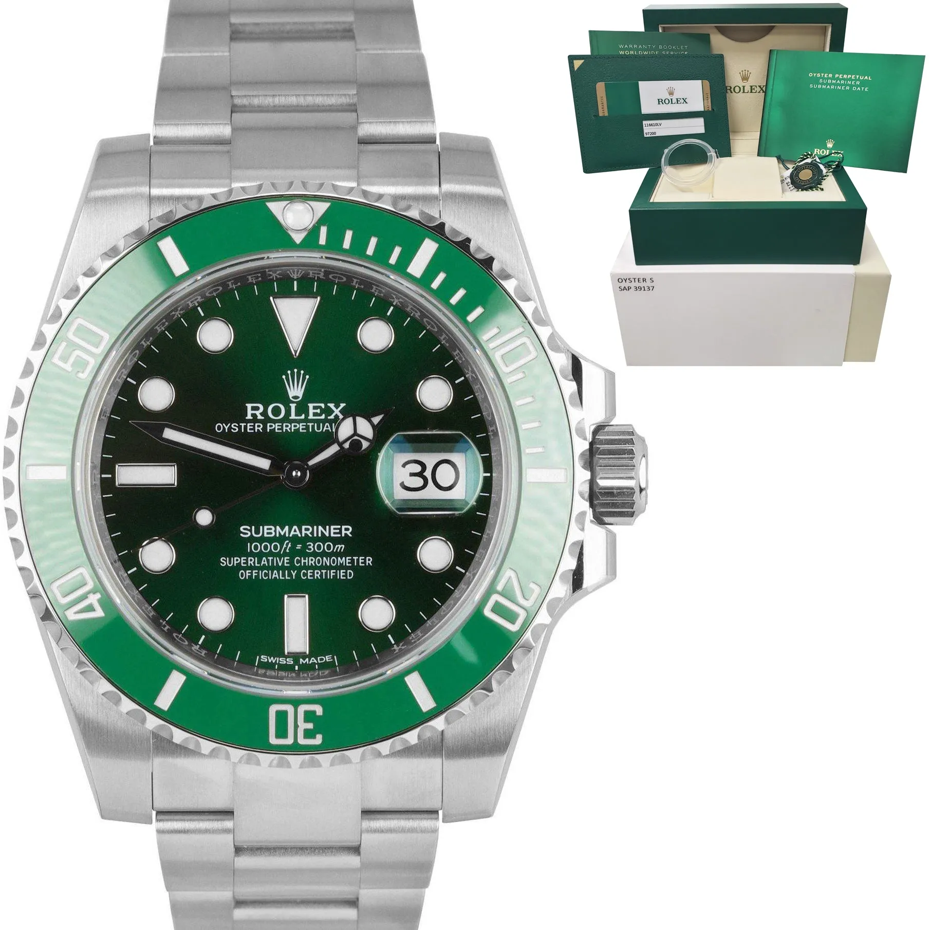 2018 UNPOLISHED Rolex Submariner Date Hulk Green Watch 116610 LV / V FULL SET