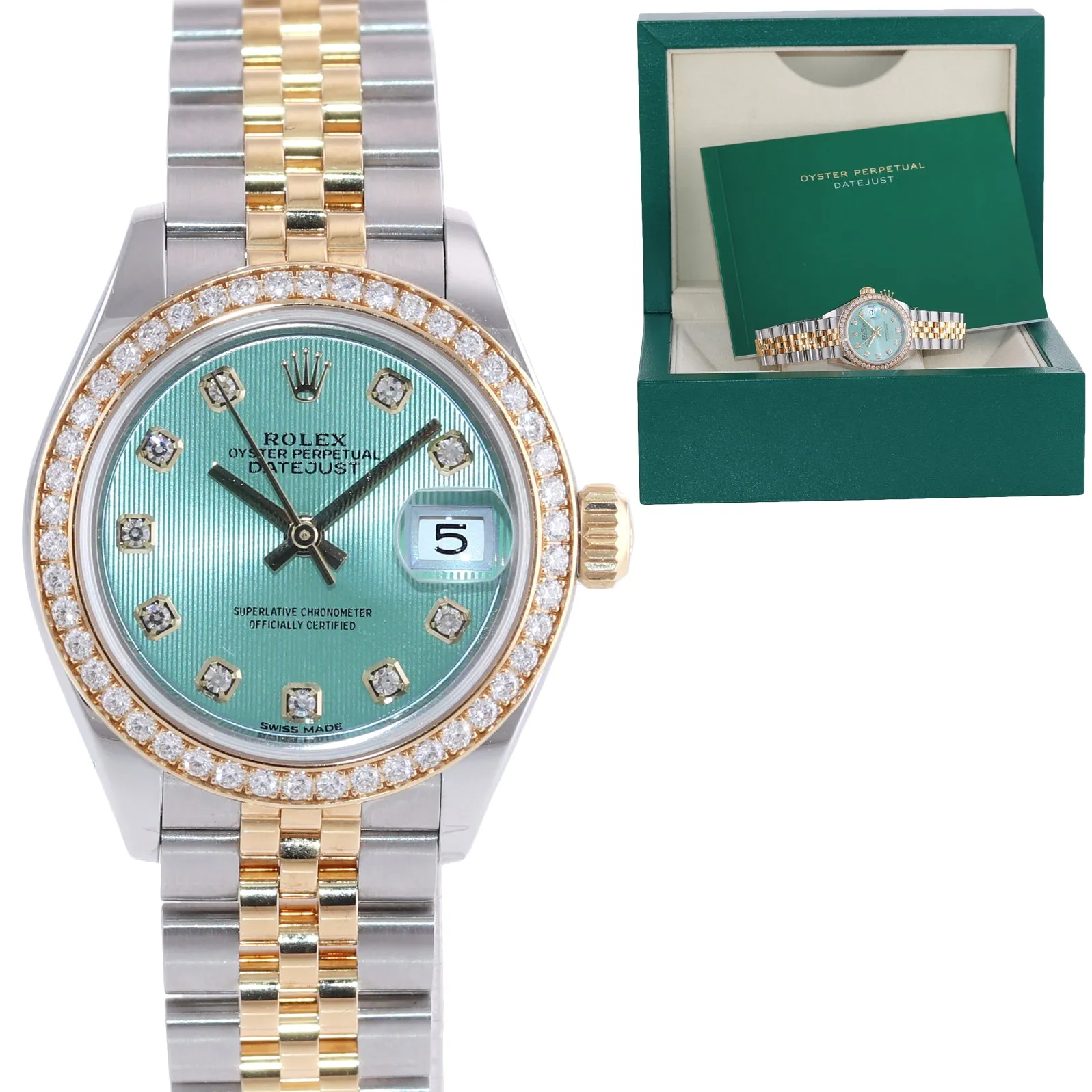 2020-2021 Rolex DateJust 28mm Green Diamond 279383 Gold Steel Jubilee Watch Box