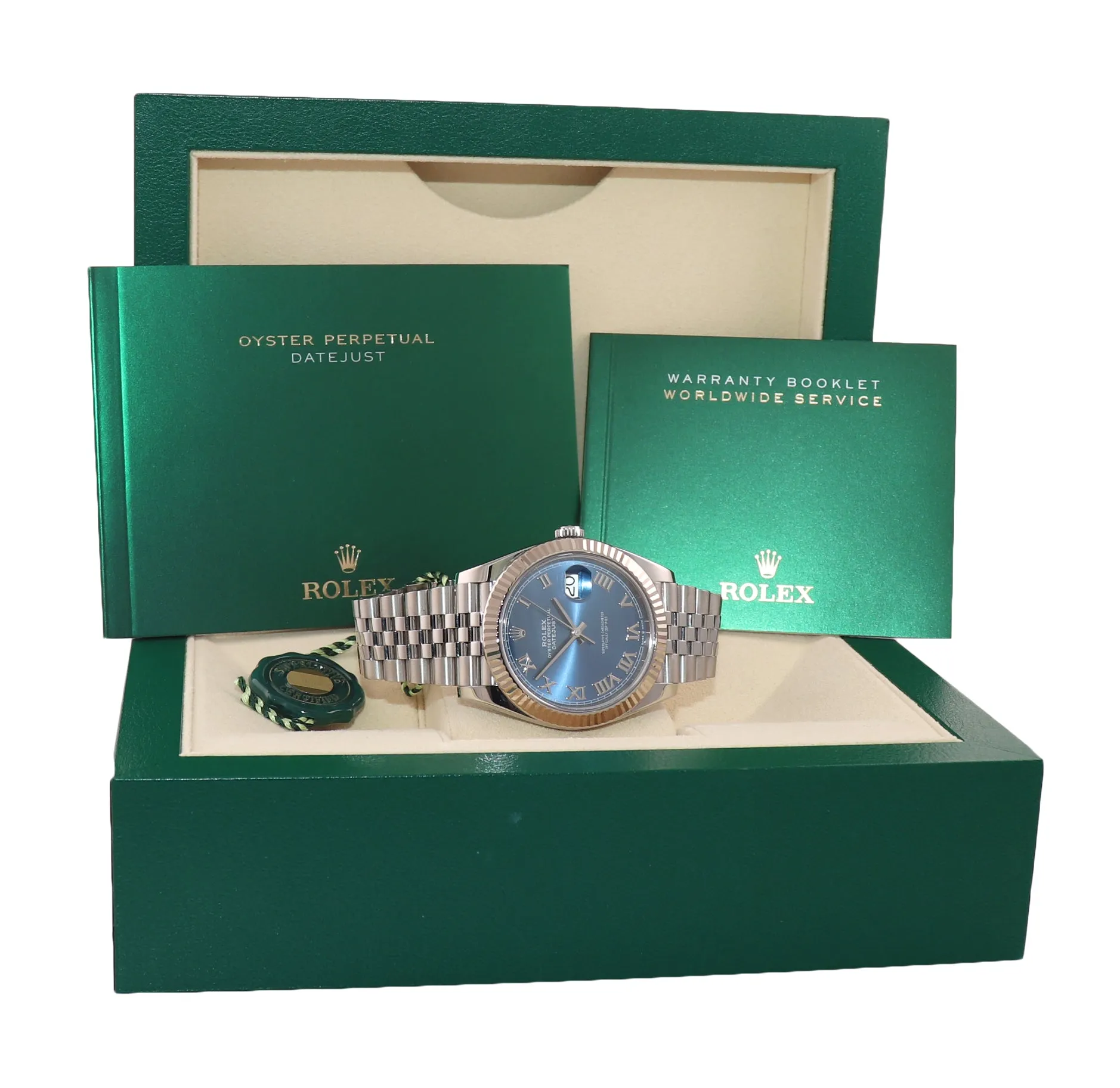 2021 NEW Rolex DateJust 41 Azzuro Blue Roman Jubilee Fluted 126334 Watch Box