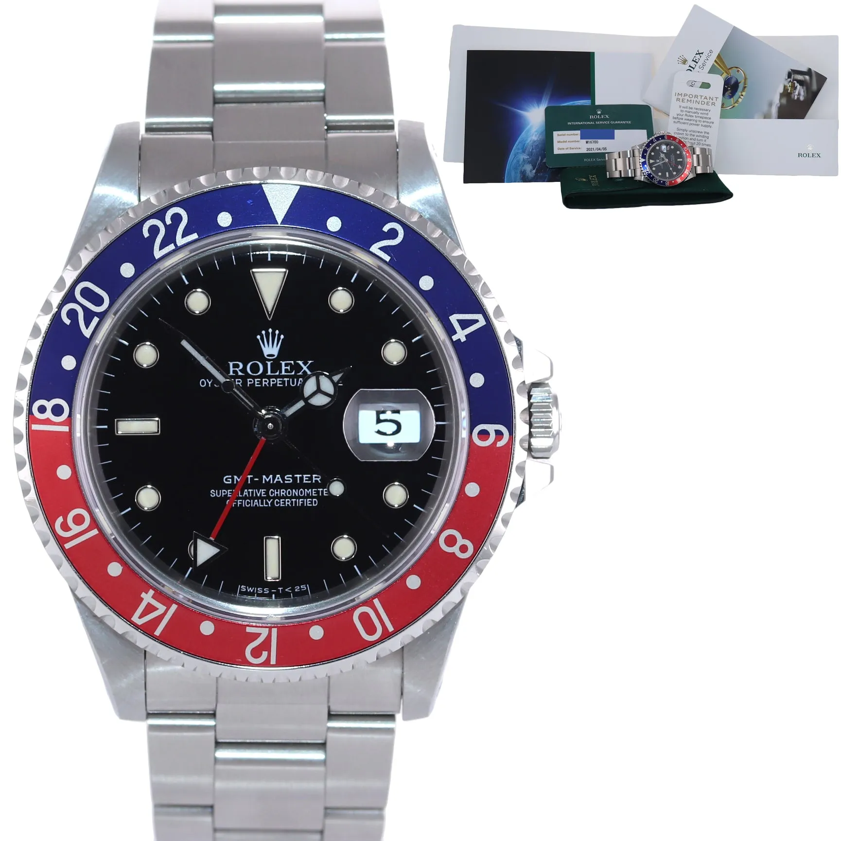 2021 RSC SERVICE Rolex GMT-Master Tritium Pepsi Blue Red Steel 40mm 16700 Watch