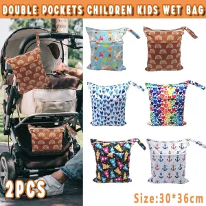 2PCS Cartoon Printed Baby Diaper Bag Double Zipper Washable Storage Organizer