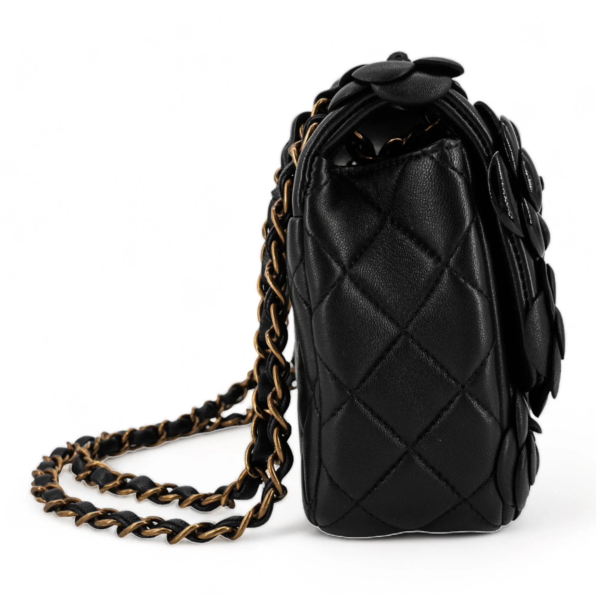 3D Camellia Flowers Black Small Flap Bag