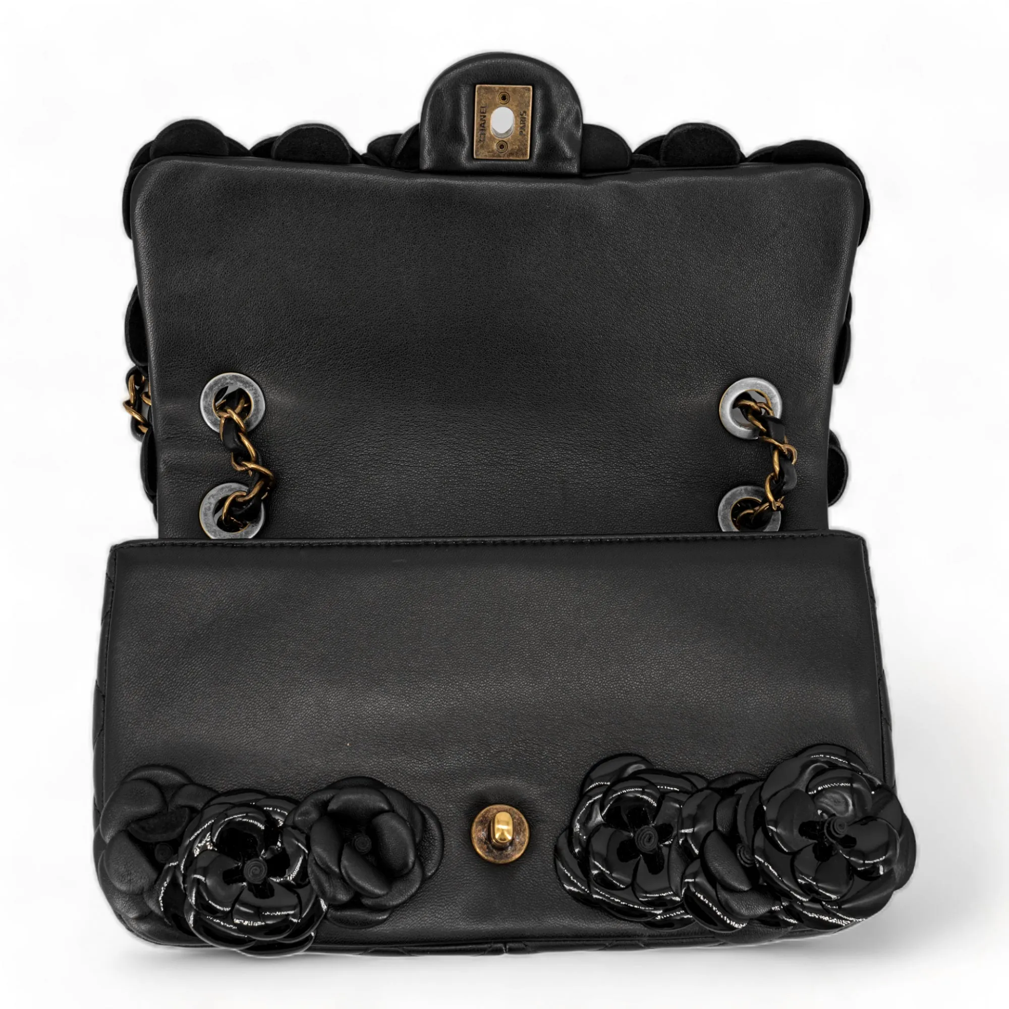 3D Camellia Flowers Black Small Flap Bag