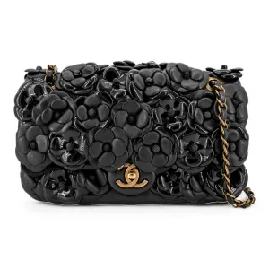 3D Camellia Flowers Black Small Flap Bag