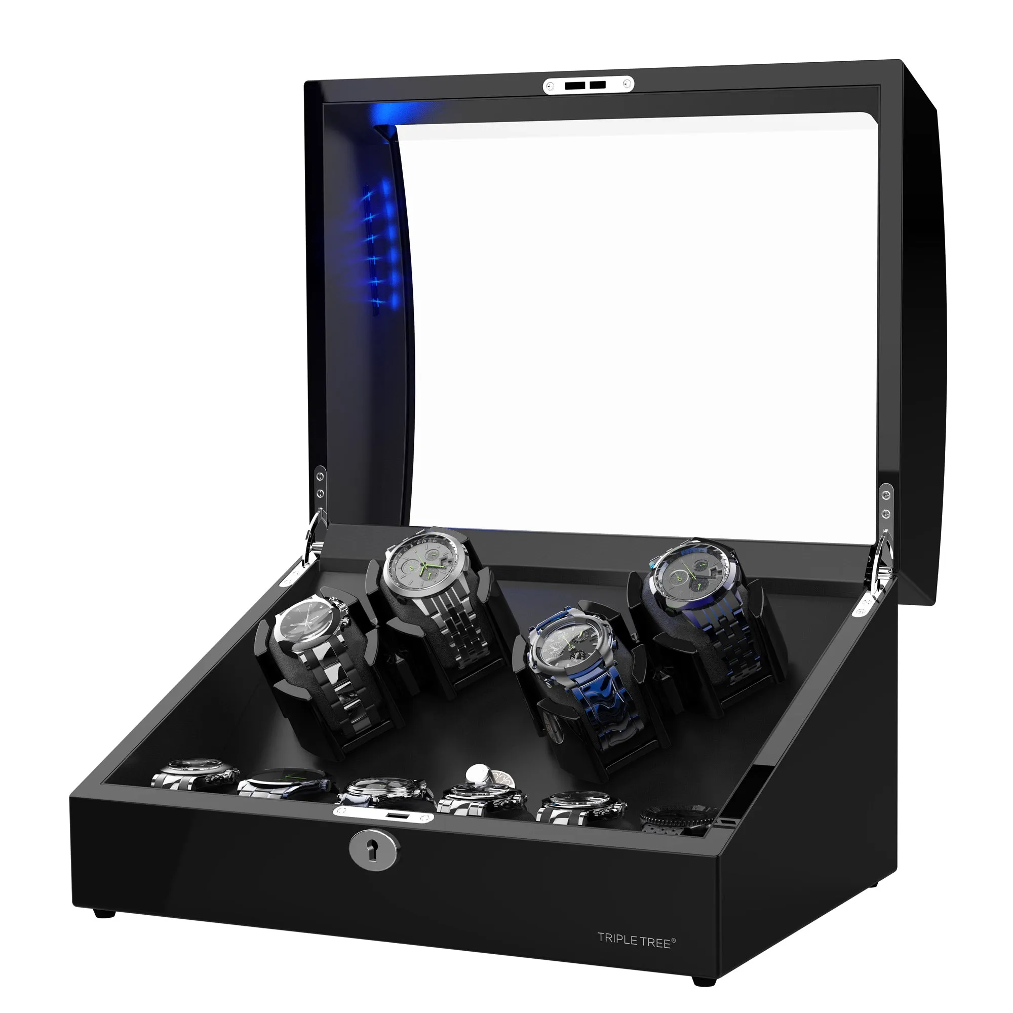 4 Black Piano Wooden Automatic Watch Winder with 6 Storage