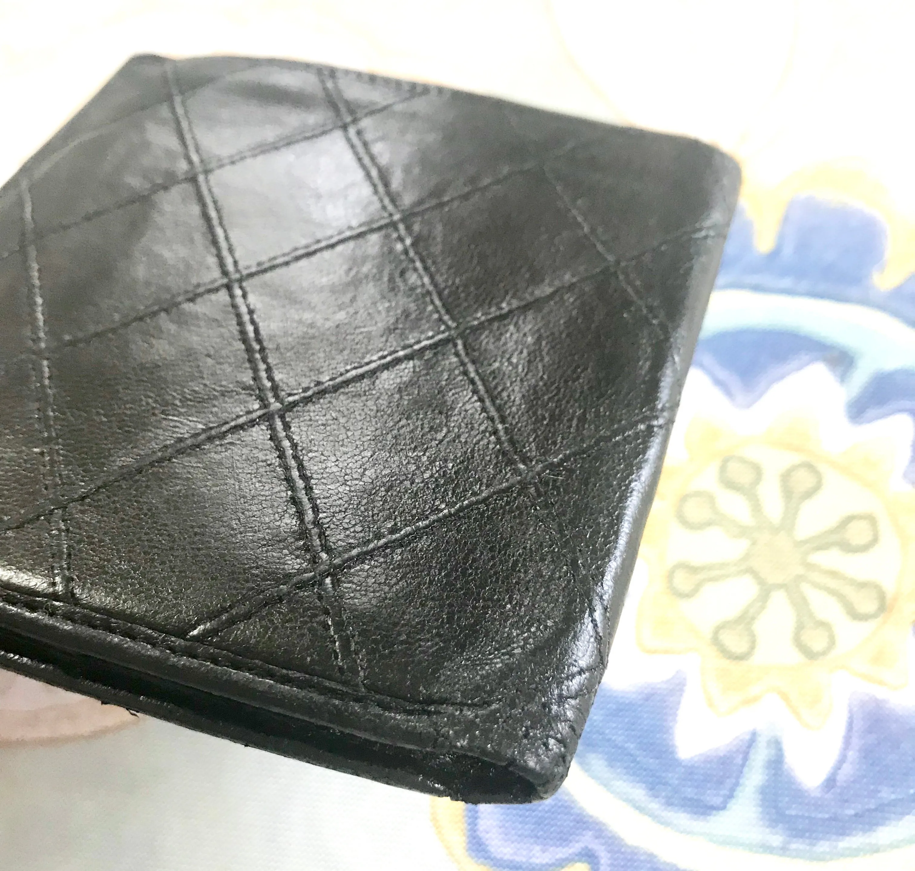 80's vintage CHANEL black calfskin square stitched wallet, bill, card case. Unisex purse.