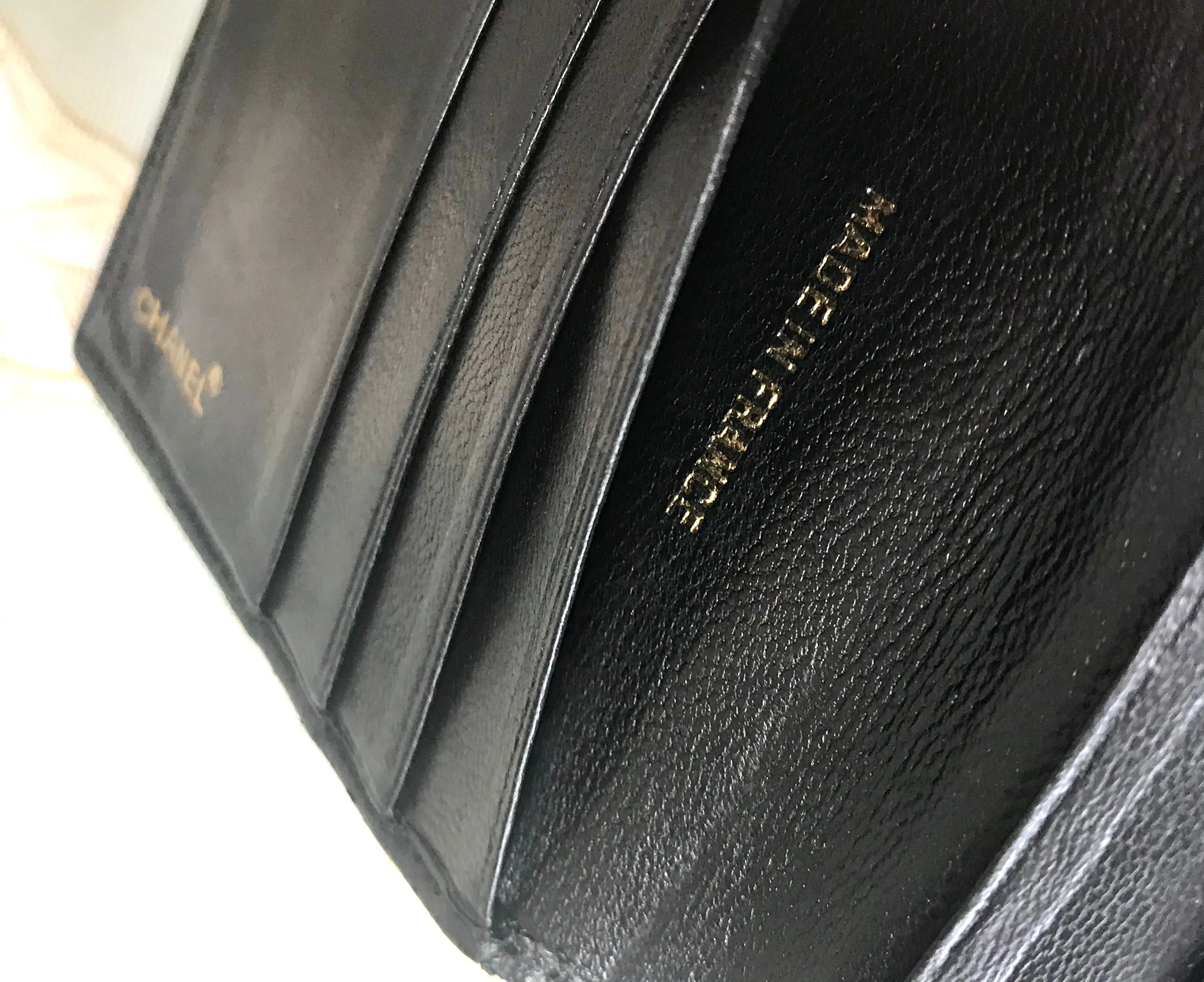 80's vintage CHANEL black calfskin square stitched wallet, bill, card case. Unisex purse.