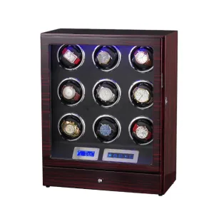 9 0 Watches Automatic Watch Winder Box With LED Lights Motor Control Wooden Bobbin Winder
