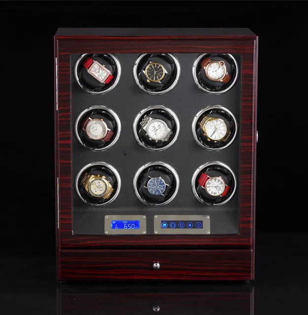 9 0 Watches Automatic Watch Winder Box With LED Lights Motor Control Wooden Bobbin Winder