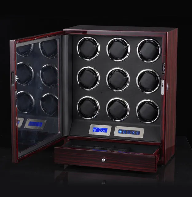 9 0 Watches Automatic Watch Winder Box With LED Lights Motor Control Wooden Bobbin Winder