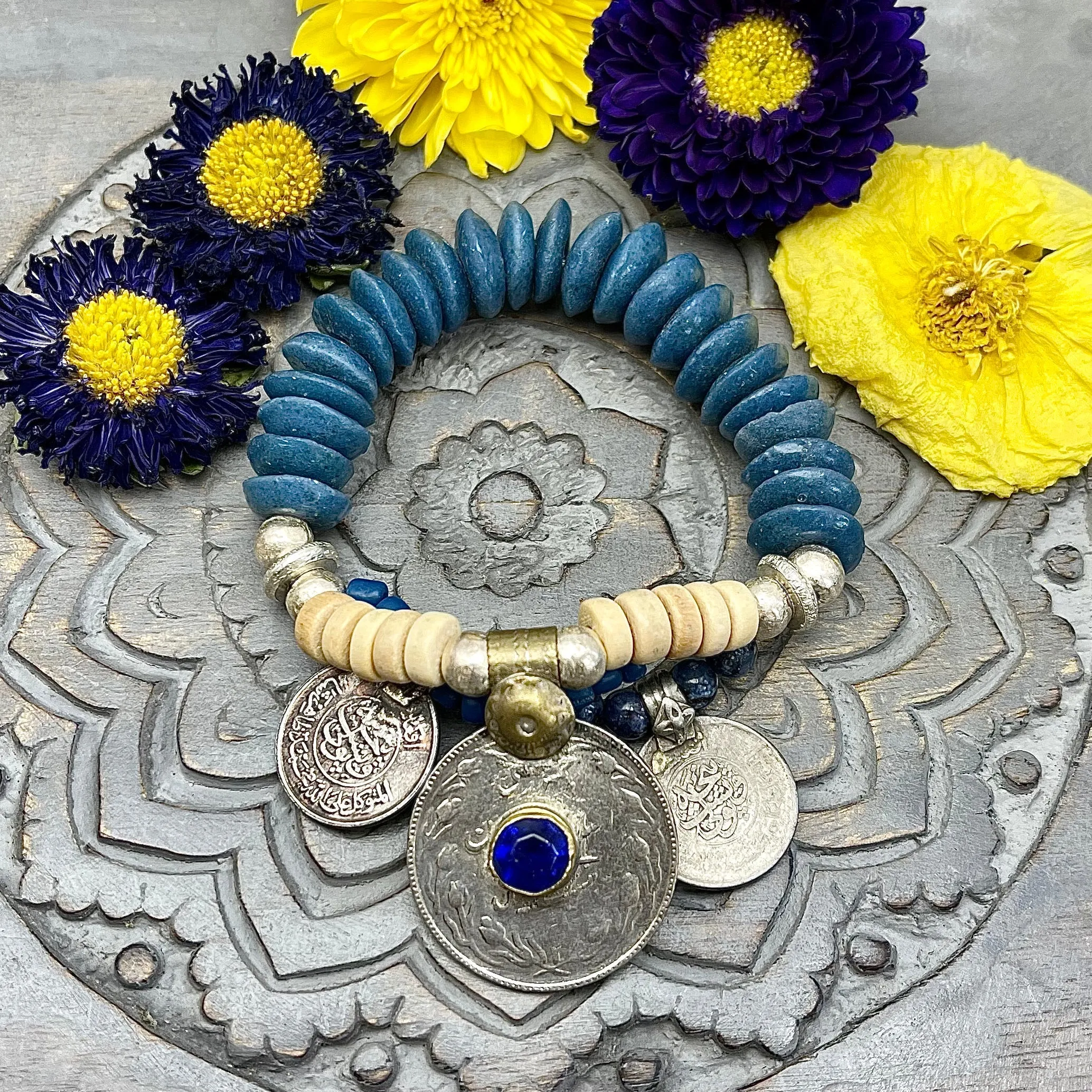 Ashanti Glass Vintage Coin Stretch Bracelet