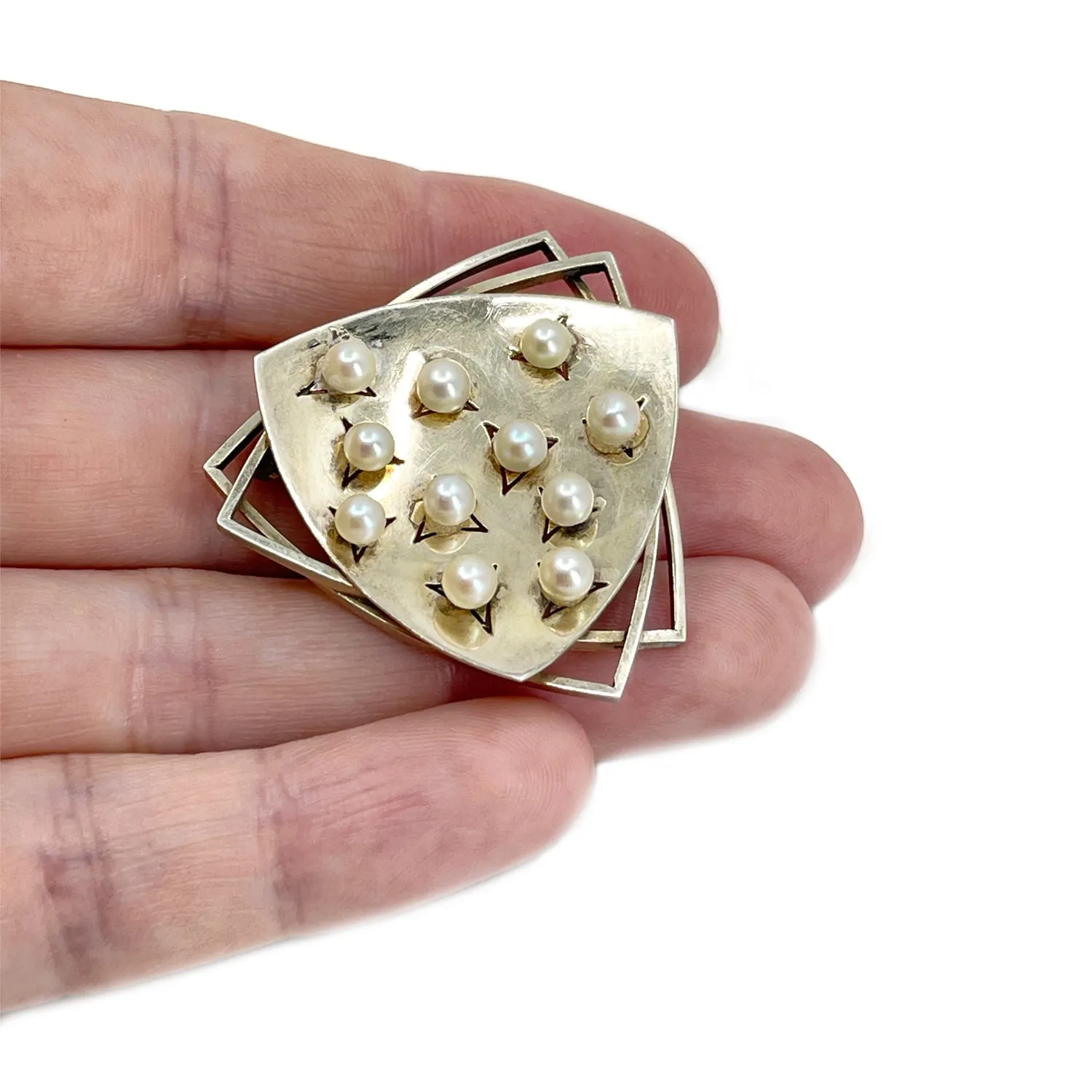 Atomic Era Modernist Japanese Saltwater Akoya Pearl Vintage Brooch- 835 Coin Silver