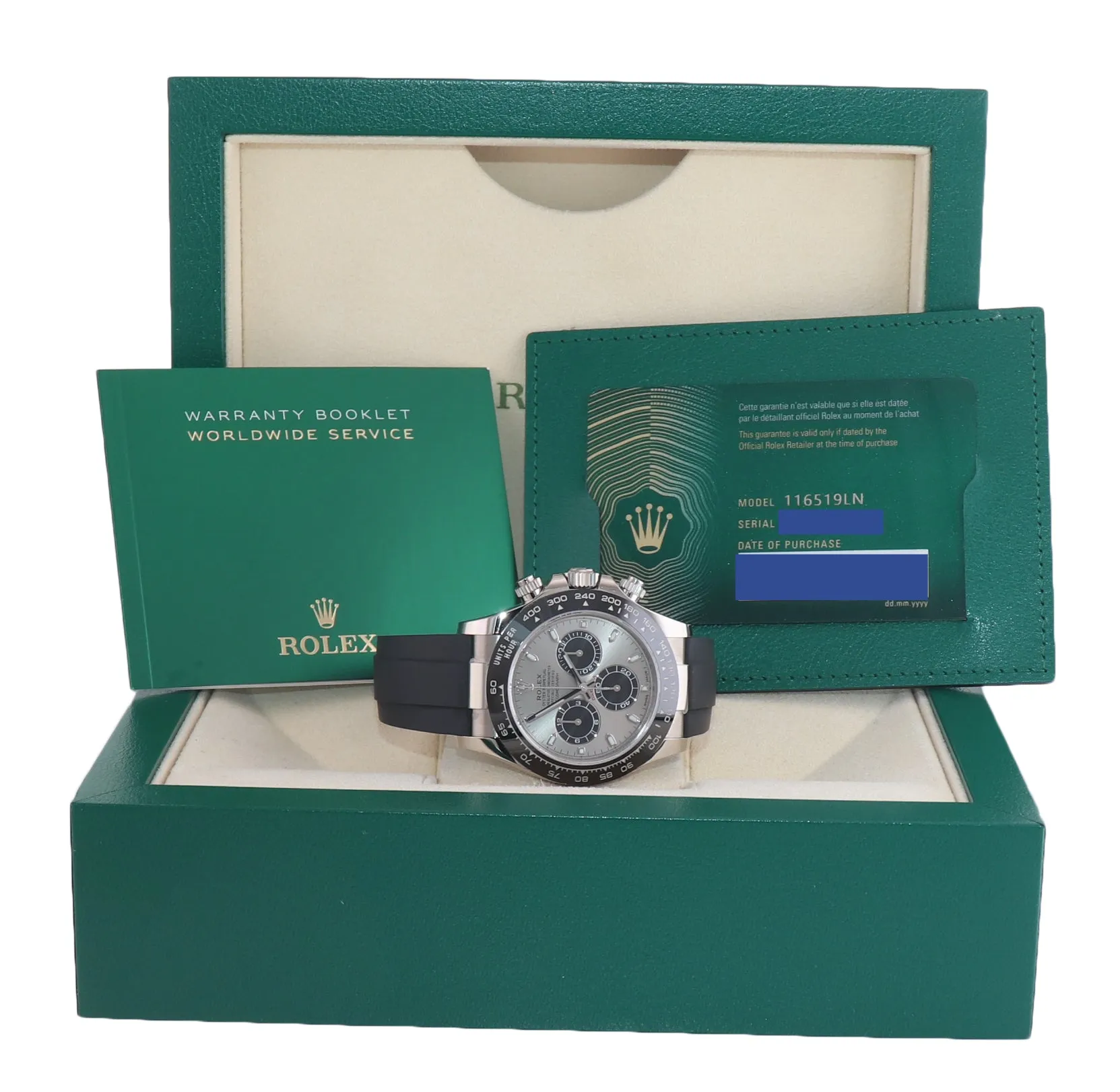 Aug 2022 Papers Rolex Daytona 116519LN 18K White Gold Ceramic Silver Watch Box
