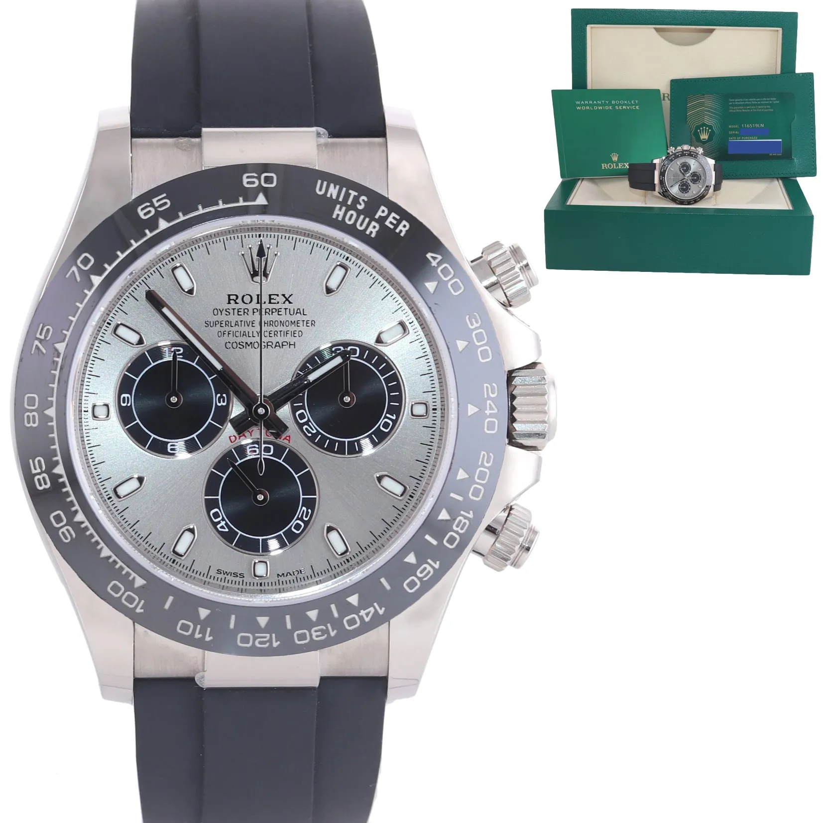 Aug 2022 Papers Rolex Daytona 116519LN 18K White Gold Ceramic Silver Watch Box