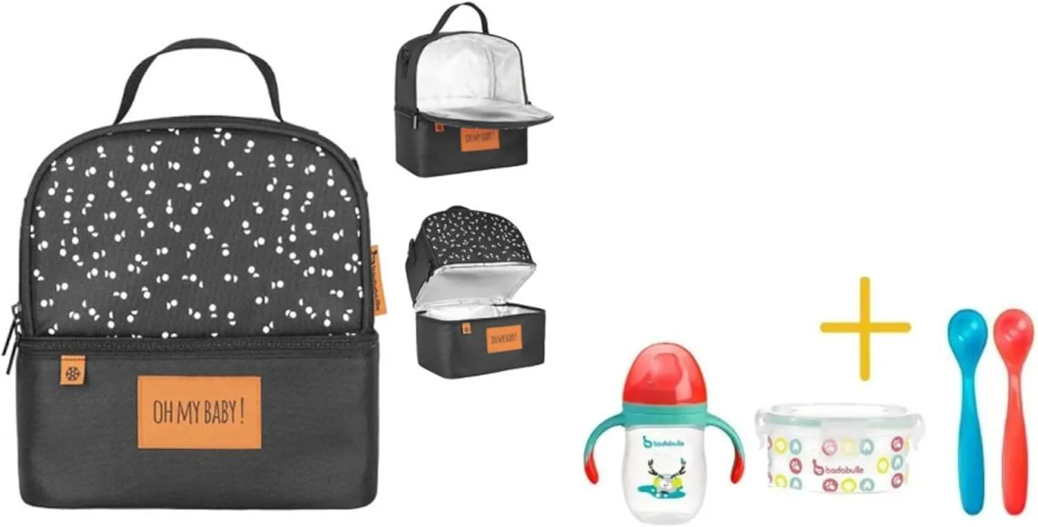 Badabulle Bundle Insulated Bag Pick & Go   1 Food Containers 300Ml   1 Silicon Non Spil Cup   2 Flexible Soft Spoons