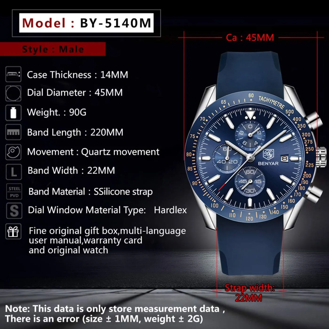 BENYAR Men's Luxury Business Casual Party-Wear Silicone Chronograph Date Display Watch
