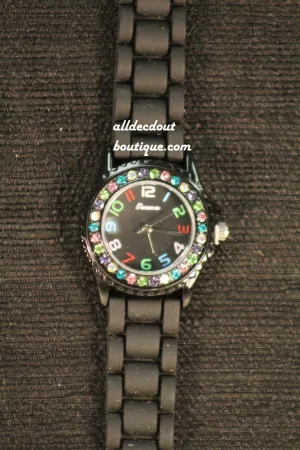 Black/Black Multi Color Rhinestones | Silicone Band