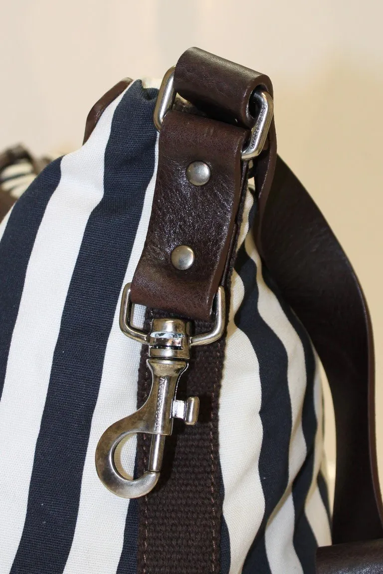 Blue striped canvas messenger bag