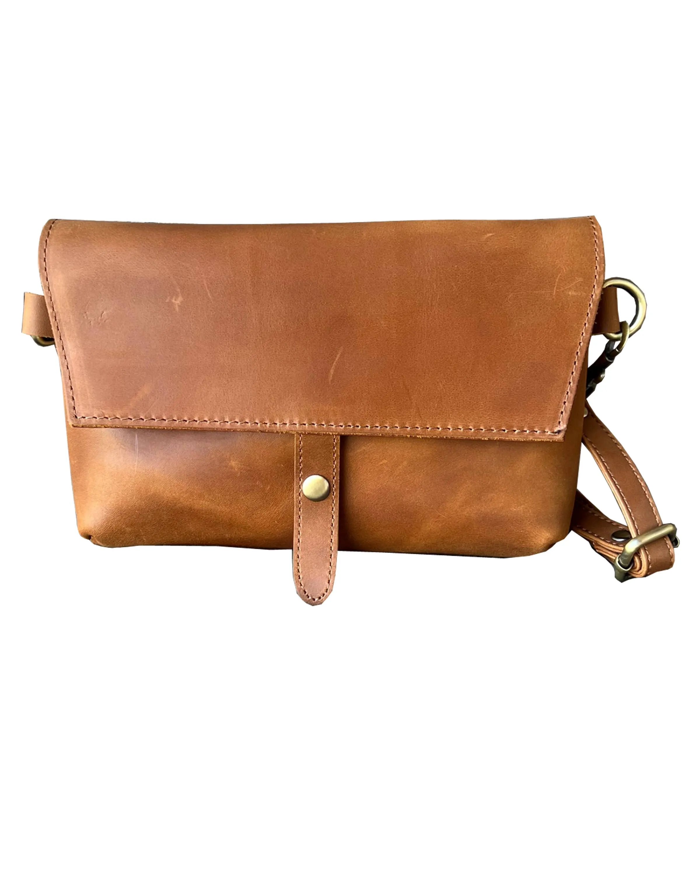 Brown crazy horse genuine leather crossbody