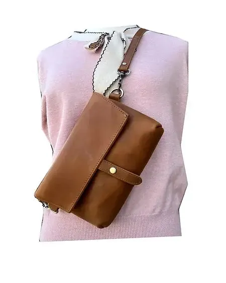 Brown crazy horse genuine leather crossbody