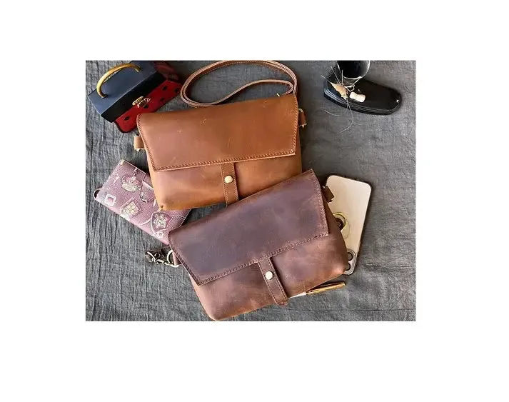 Brown crazy horse genuine leather crossbody