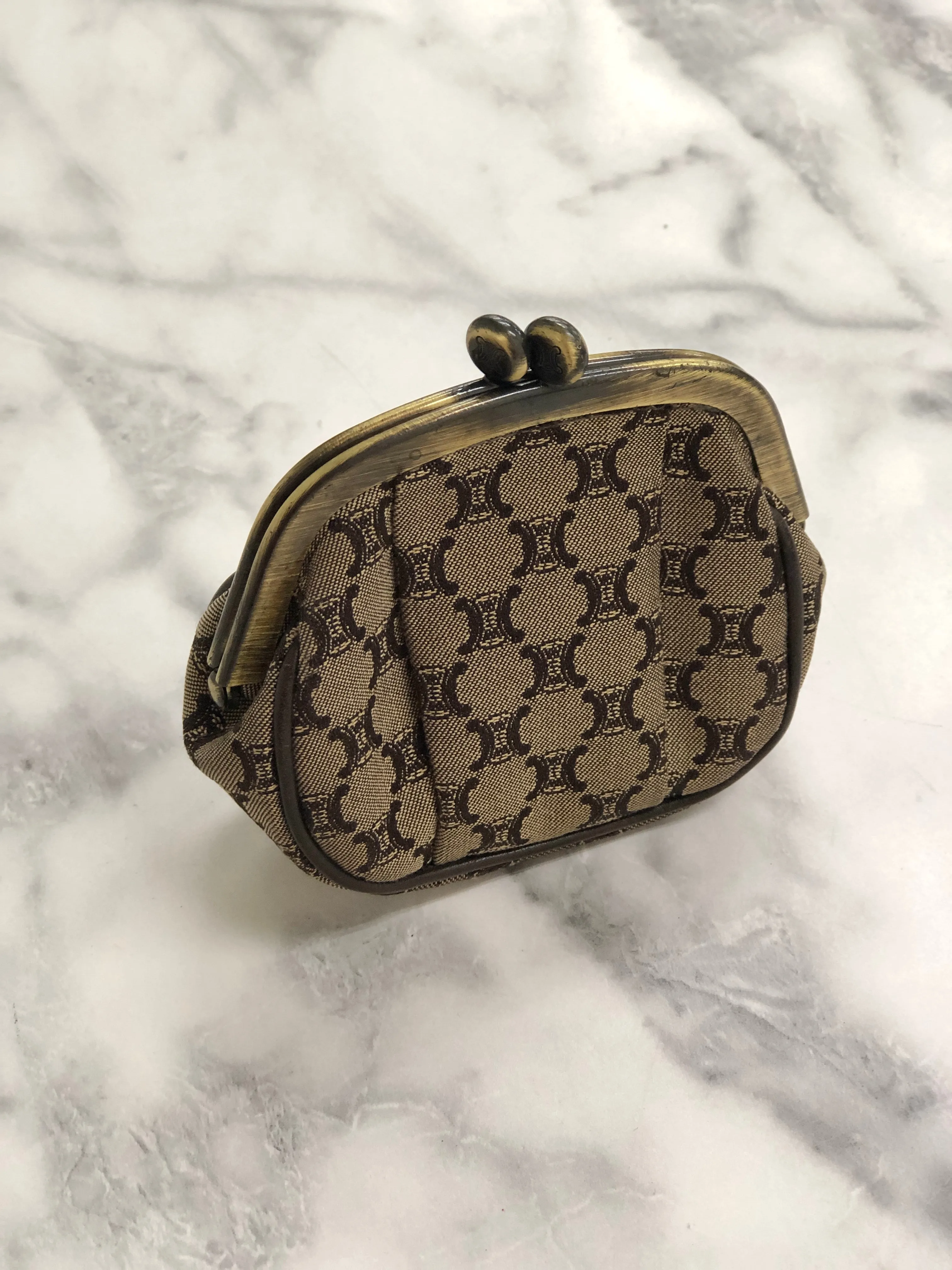 CELINE Blason Metal Clasp Fabric Coin Purse Brown Vintage nwnxjw