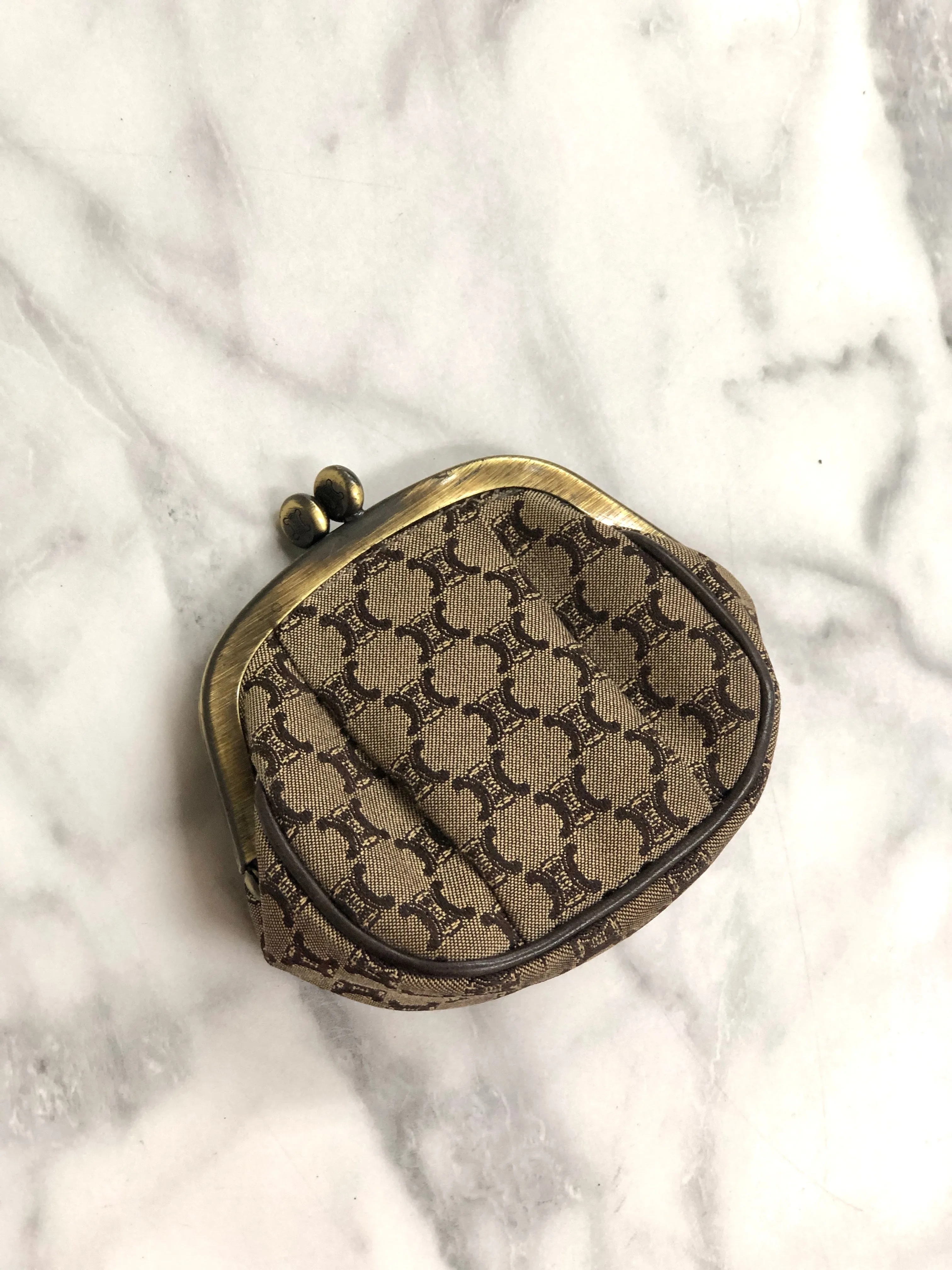 CELINE Blason Metal Clasp Fabric Coin Purse Brown Vintage nwnxjw
