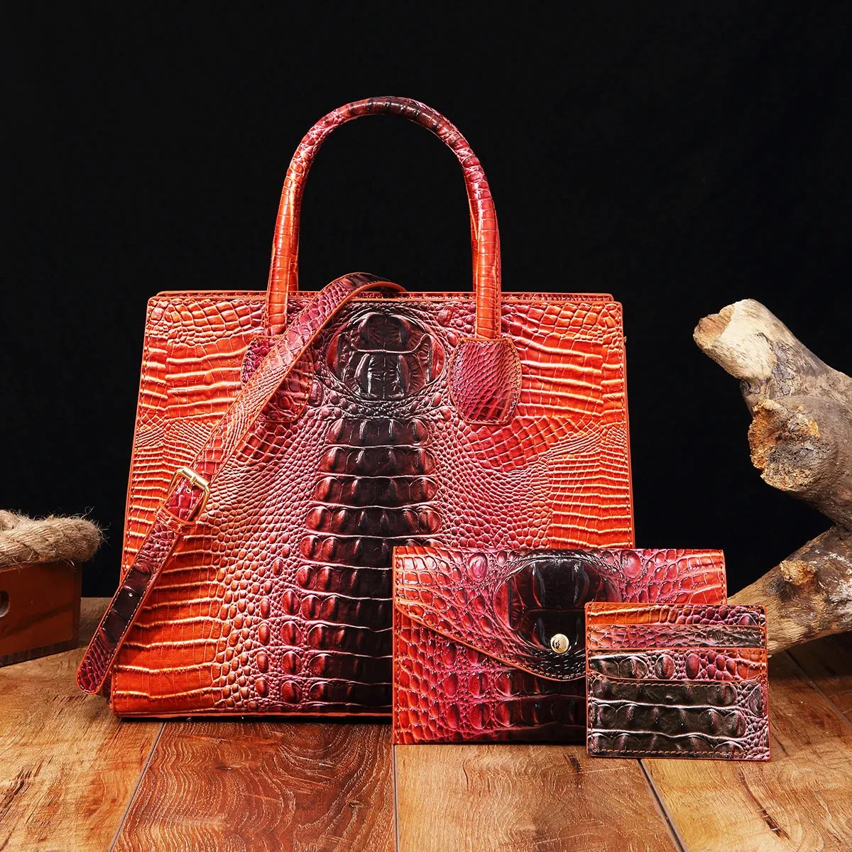 Christianartbag Leather bags - 3 Pcs Crocodile Pattern Handbag & Purses Set, Multi-functional Vintage Top Handle Crossbody Bag & Business Clutch Bag & Card - CAB02240524