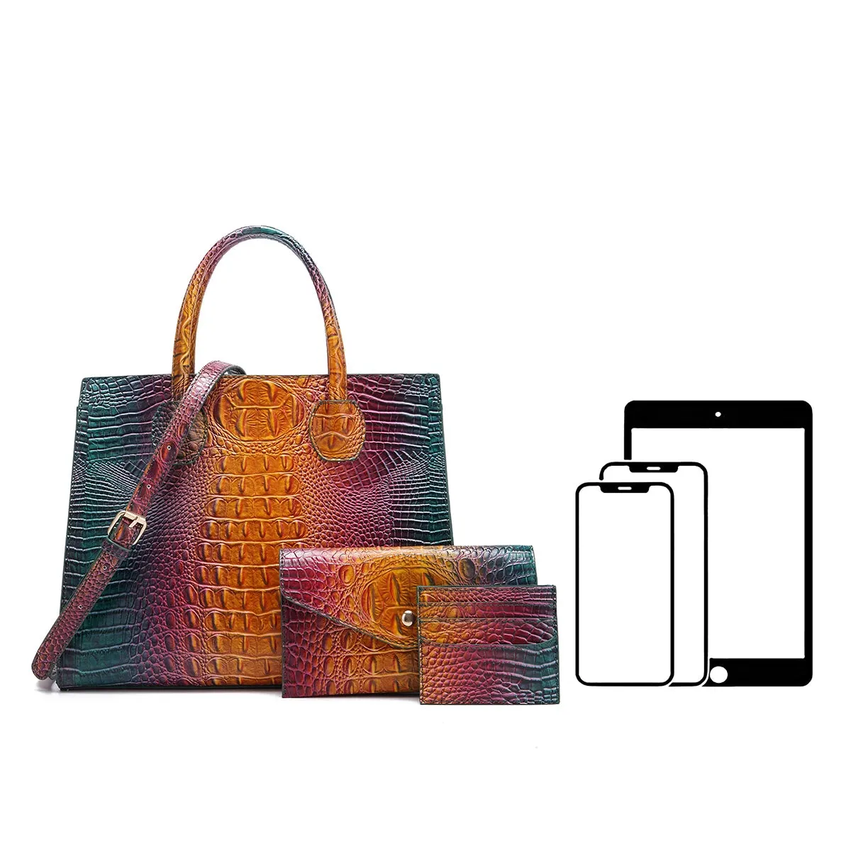 Christianartbag Leather bags - 3 Pcs Crocodile Pattern Handbag & Purses Set, Multi-functional Vintage Top Handle Crossbody Bag & Business Clutch Bag & Card - CAB02240524