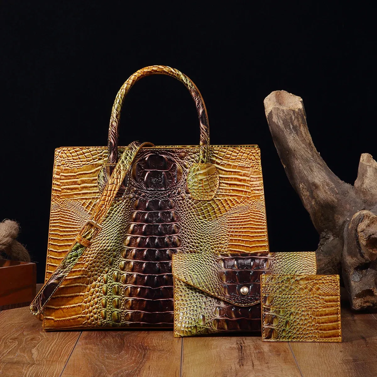 Christianartbag Leather bags - 3 Pcs Crocodile Pattern Handbag & Purses Set, Multi-functional Vintage Top Handle Crossbody Bag & Business Clutch Bag & Card - CAB02240524