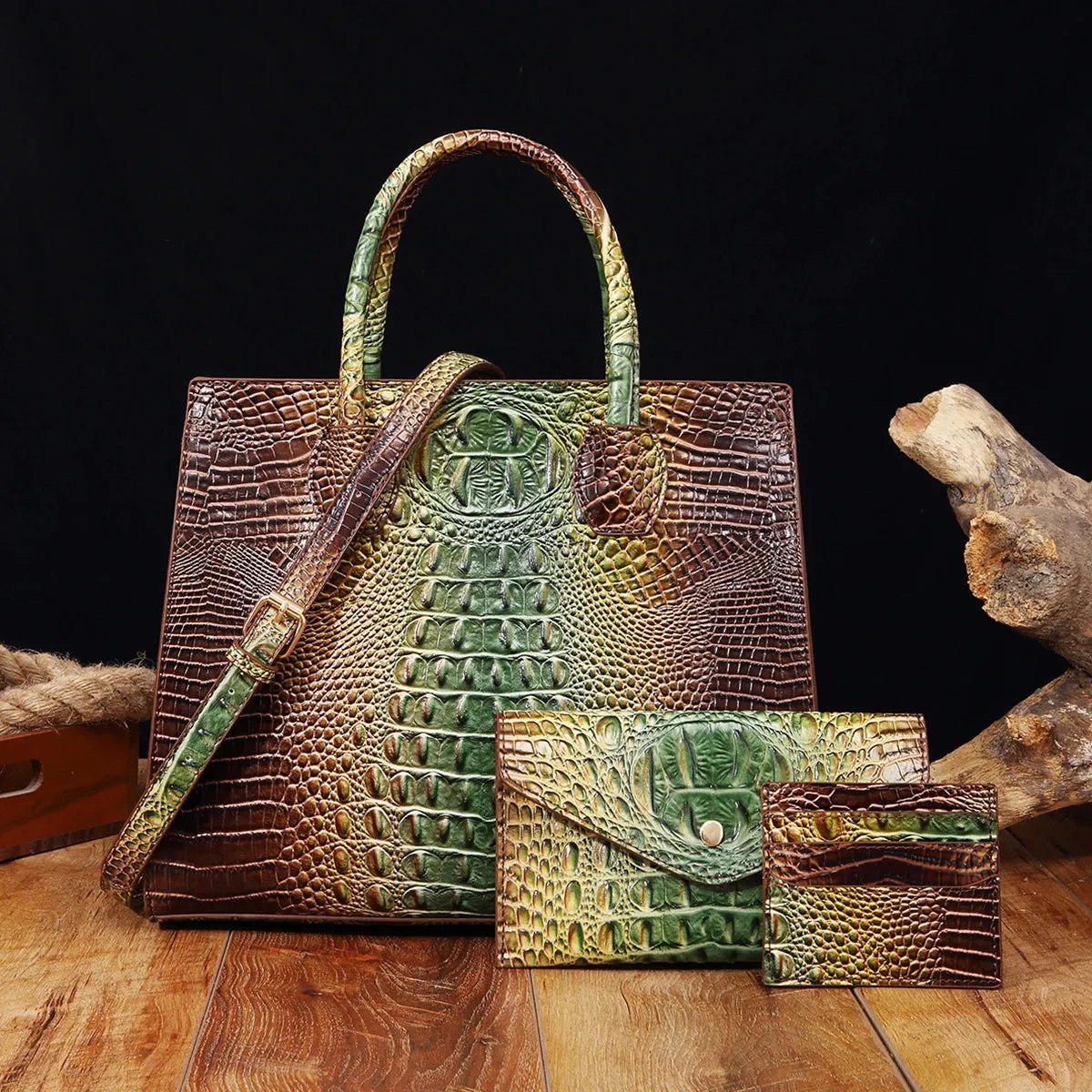 Christianartbag Leather bags - 3 Pcs Crocodile Pattern Handbag & Purses Set, Multi-functional Vintage Top Handle Crossbody Bag & Business Clutch Bag & Card - CAB02240524