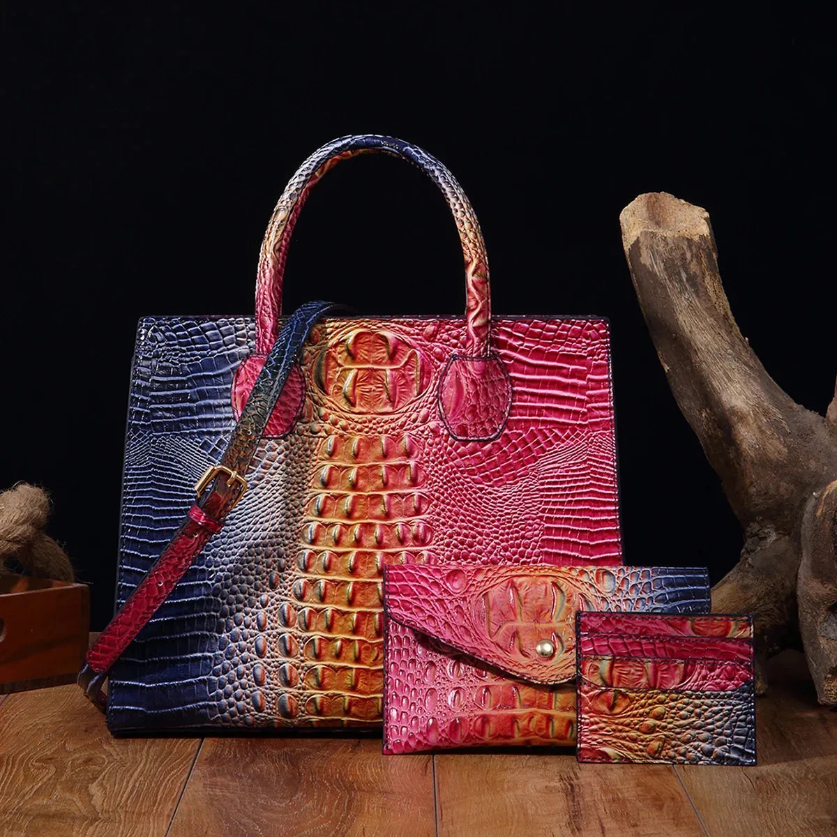 Christianartbag Leather bags - 3 Pcs Crocodile Pattern Handbag & Purses Set, Multi-functional Vintage Top Handle Crossbody Bag & Business Clutch Bag & Card - CAB02240524